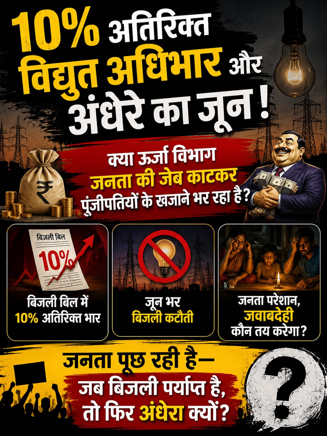 10% अतिरिक्त विद्युत अधिभार और अंधेरे का जून: क्या ऊर्जा विभाग जनता की जेब काटकर पूंजीपतियों के खजाने भर रहा है?